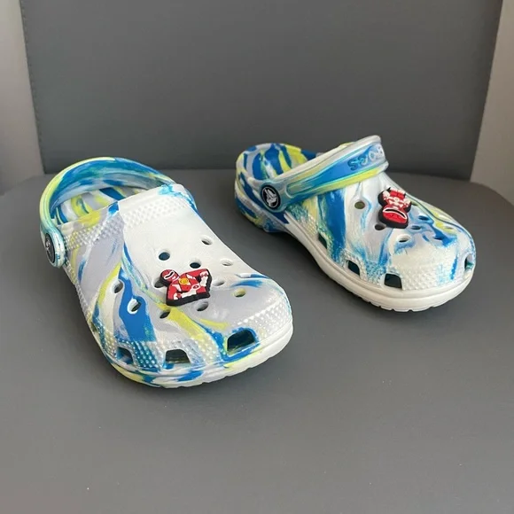 Crocs Kids Classic Marble Clog Blue/Lime/White Dye Power Ranger Jibbitz Size 10C - Picture 2 of 13